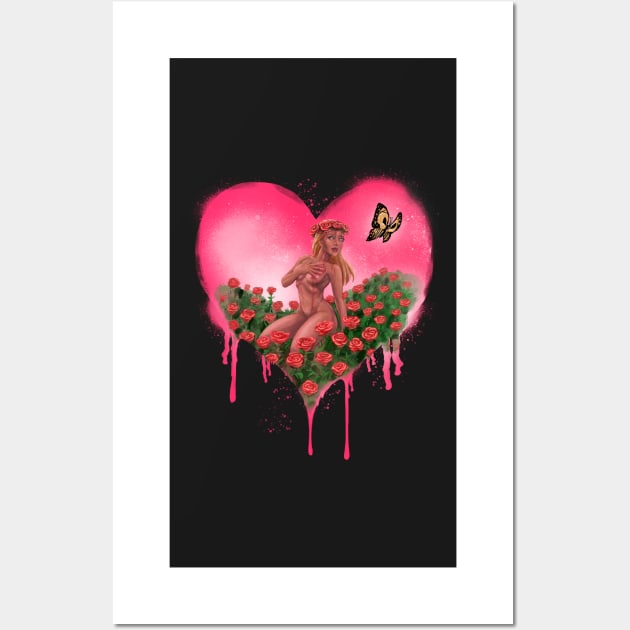 LOVE HEART with BUTTERFLY and ROSES - Graffiti Style (Pink) Wall Art by MasterpieceArt